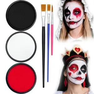 할로윈 메이크업 키트 성인용 페이스 바디 페인팅 화이트 + 블랙 레드 워터 기반 SFX 파티 코스프레 스컬