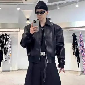 샤오원샵 키작남 항공 점퍼 슬림핏 숏 PU가죽 무스탕 자켓 코트 남자 빈티지 봄 꾹1