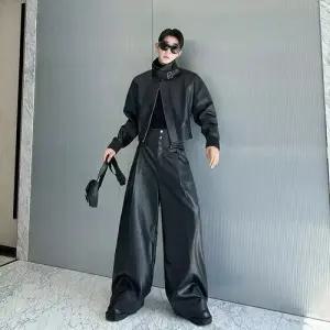 샤오원샵 남성용 바지 면 캐주얼 투피스 PU가죽 펑크 숏자켓 키작남 와이드 정장 레더 스트릿 꾹1