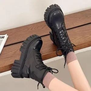 [라일리] Rly 지퍼 통굽 레이스업 레더 여성 빅사이즈 워커