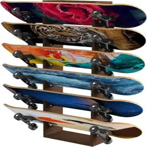 Gtouse 스케이트보드 랙 벽걸이 6단 나무 보관 홀더 스탠드 디스플레이 정리함 롱보드 데크 표준