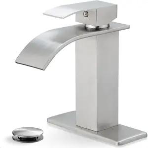 HOIGY 브러시드 니켈 욕실 수도꼭지 싱글 핸들 황동 폭포 싱크대 1홀 또는 4인치 3홀 데크 플레이트 및