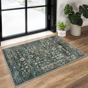 KUTA 빈티지 플로럴 입구 러그 2x3 주방 미끄럼 방지 세탁 가능한 던지기 다크 그린 초박형 소프트 프린트