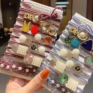 팔찌 진주 끈 고무줄 브라운 11p 밴드 헤어 머리 큐빅