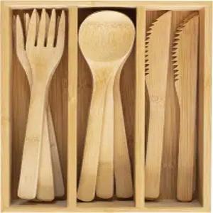 완전히 대나무 12피스 재사용 가능한 식기 세트 휴대용 보관 케이스 식기세척기 사용 안전