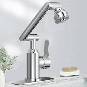 [미국배송] 욕실 싱크대 수도꼭지 퍼니에어 스테인리스 스틸 1080 회전식 1홀 또는 3홀 온수 및 냉수 호스가 있는 모던 스타일 싱글 핸들 2개의 크롬