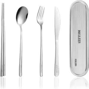 잉쿨리어 여행용 식기 세트 - 18/8 스테인리스 스틸 재사용 가능한 금속 케이스 캠핑 사무실 여행 및 야외