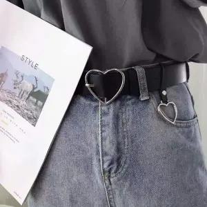 [셀러에이드]하트 모양 링 장식 가죽 블랙 실버 캐주얼 허리띠 포인트 벨트