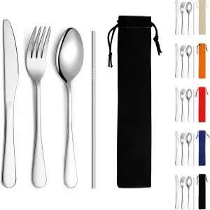 키라톤 캠핑 실버웨어 세트 4피스 휴대용 베이스 스테인리스 스틸 플랫웨어 도구 여행용 식기 야외 피크닉