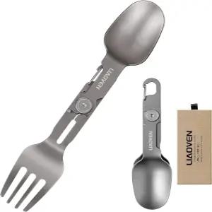 티타늄 스포크 3 in 1 접이식 캠핑 포크와 스푼 잠금 기능이 있는 초경량 도구 야외용 여행 포크 콤보