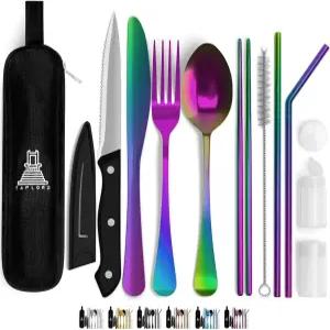 탭로드 휴대용 여행용 실버웨어 케이스 포함 여행 도구 10개 캠핑용 스테인리스 스틸 플랫웨어 세트