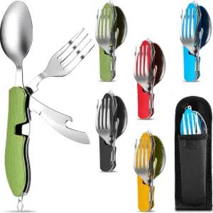 접이식 캠핑 도구 식기 세트 4-in-1 스테인리스 스틸 스푼 포크 나이프 병따개 분리형 포켓 키트 백팩