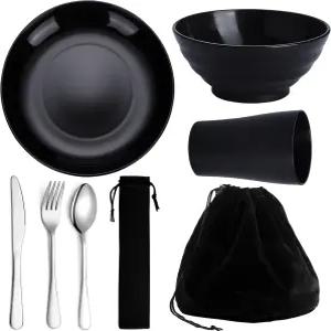 카이라톤 캠핑 도구 재사용 가능한 가벼운 머그컵 그릇 및 접시가 포함된 휴대용 여행용 실버웨어 세트