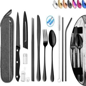 휴대용 재사용 가능한 여행 도구 케이스 포함 실버웨어 여행용 캠핑용 식기 세트 젓가락 및 빨대 플랫웨어