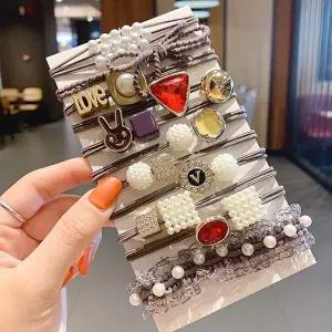 당고머리끈 큐빅고무줄 진주헤어타이 머리밴드 11p 브라운