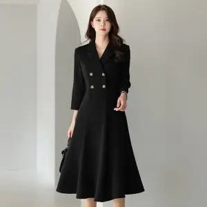 시크라인 ~XXL까지 유온 카라 더블버튼 플레어 원피스 봄 가을 오피스룩 하객룩 데이트룩 모임룩 미시룩 빅