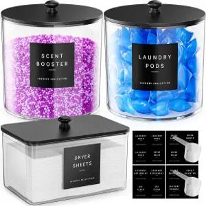 갤리시리 3팩 세탁 포드 용기 투명 세탁실 정리 대형 아크릴 세제 분말 보관 검은색 나무 뚜껑 및 라벨