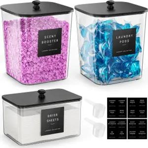 Moforoco 3팩 세탁 포드 용기 투명 세탁실 정리 대형 세제 분말 보관함 검은색 나무 뚜껑 및 라벨 아크릴