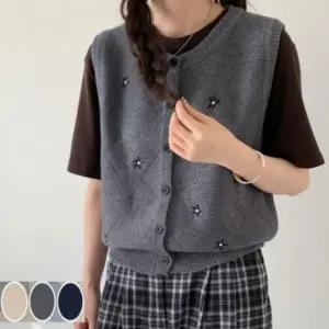패션스타일 신제품 베스트 자수 가지색상 단추 네이비 니트 베이지 플라워 라운드 여성 가디건
