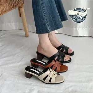 여름 블로퍼힐 가벼운 플랫 슬리퍼 여성용 가죽 여성슬리퍼 여름슬리퍼 발편한슬리퍼