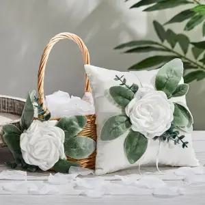 오투즈 러스틱 플라워 걸 바구니 및 링 베어러 베개 세트 600개 장미 꽃잎 보호 결혼식 꽃 선물