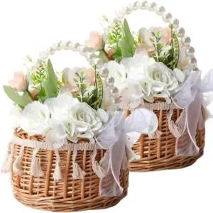 2PCS 위커 라탄 꽃 소녀 바구니 손으로 짠 진주 손잡이 태슬 보우 요정 결혼식 신부 기념 파티 장식용
