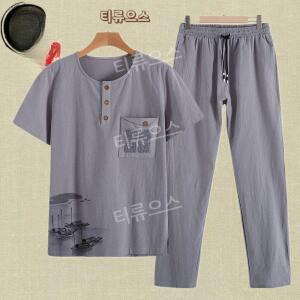 여름 개량한복 중년 남성 면화 삼베 모시옷 반소매 긴바지 세트  티류으스