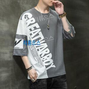 여름 패치워크 컬러 7부소매 티셔츠 패션 브랜드 남성 루즈 핏 프린트 라운드티 반팔