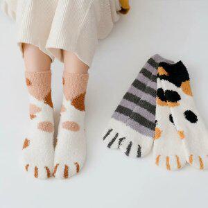 고양이 발바닥 수면 양말 4켤레 겨울 극세사 수족냉증 임산부 보온 롱 덧신