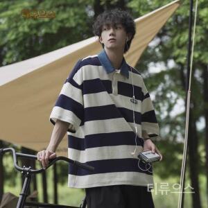 남자 여름 오버핏 반팔 카라티 줄무늬 루즈핏 카라티셔츠 폴로 티류으스