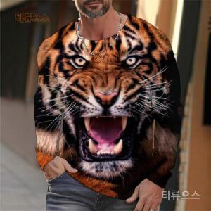 남자3D호랑이긴팔티 레오파드 야수힙합옷 남성용 프린트 티셔츠 하라주쿠 그래픽 티류