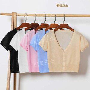 반팔 미니 여자 여름 크롭 니트 가디건 카디건 티류으스