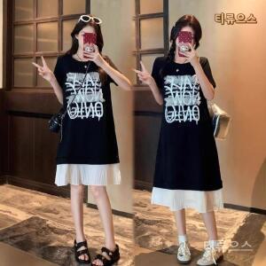 레터링 배색 반팔 원피스 데일리룩 여름 슬림핏 스타일 원피스 티류으스