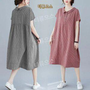 여름 하트넷 카라 고방 체크 여름 원피스 중년 엄마옷 50대 편안한 티류으스