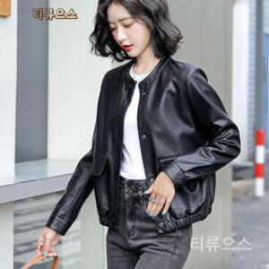 티류으스 여성 라운드넥 밴딩 양가죽 숏 자켓 루즈핏점퍼가을/겨울 가죽 아우터