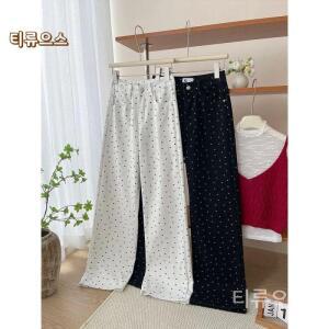 티류으스 여성용 오버사이즈 스트레이트 루즈 청바지플로럴물방울데님 팬츠 가을 여성