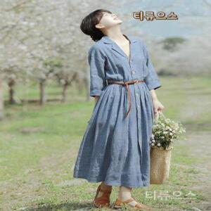 여성 린넨 고급 모시 체크무늬 롱원피스 허리 스트링 7부 반팔 버튼 플레어원피스 티류