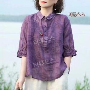 두 점 여성 벌룬 소매 면마 블라우스 여성 여름 면라우스 7부 면라우스 티류으스