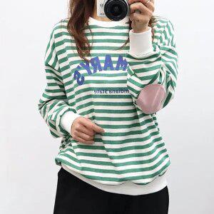 여성 메리 스트라이프 맨투맨 티 레터링 빵떡 줄무늬 77 긴팔 면티 라운드 봄 티셔츠