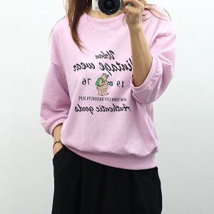 여성 빈티 베어 7부 라운드 봄 가을 레터링 면 반팔 맨투맨 티 티셔츠