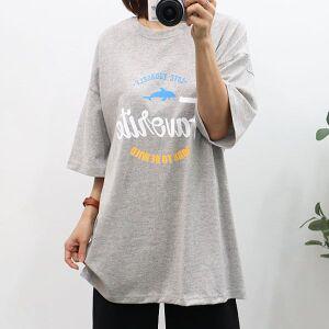 여성 페이버릿 오버핏 반팔 면티 레터링 봄 여름 그레이 77 박스 롱 티 티셔츠