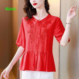 풍기인견블라우스 빅사이즈 라운드넥 여름 반팔 루즈핏 면 마 무지 베이직 데일리룩 티