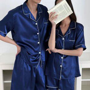 실크 커플 샤무즈 잠옷 세트 반팔 반바지 여성 남성 홈웨어 신혼 여름 파자마 선물