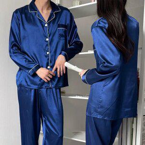 실크 커플 샤무즈 잠옷 세트 긴팔 긴바지 여성 남성 홈웨어 신혼 여름 파자마 선물