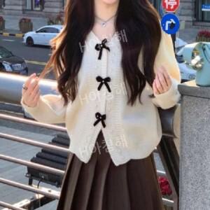티류으스 리본 니트 카디건 일본계 JK 스웨터 긴팔 외투녀