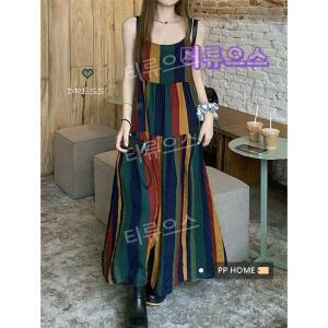 여성 나시원피스 스트라이프 어깨끈 민소매 여름 롱원피스 티류으스