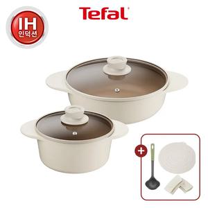 [테팔] 세라믹 인덕션 주물 아이콘 오트밀크 냄비2종(양수18+전골24)+냄비받침&손잡이
