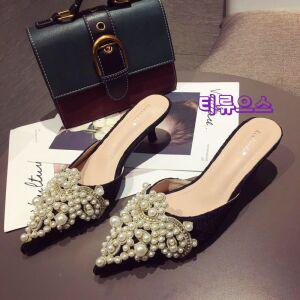 여성웨딩화웨딩슈즈여름 5cm큐빅 진주 뾰족코 뮬 슬리퍼힐 레토 플랫 플립 스팽글 티류