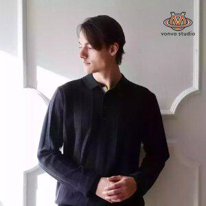 [본보스튜디오]남성 넥라인 배색 입체패턴 카라니트