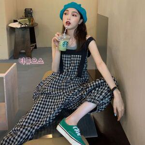 와이드팬츠 빈티지 편한 체크 멜빵바지 티류으스